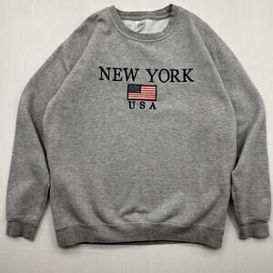 Vintage New York USA Sweatshirt Mens Large Gray Crewneck Fleece Pullover Flag